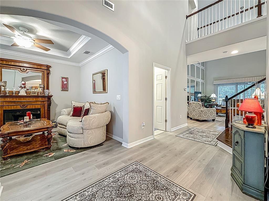 Fireplace, Interior, Living room, Recessed Lighting, Wood Texture Flooring