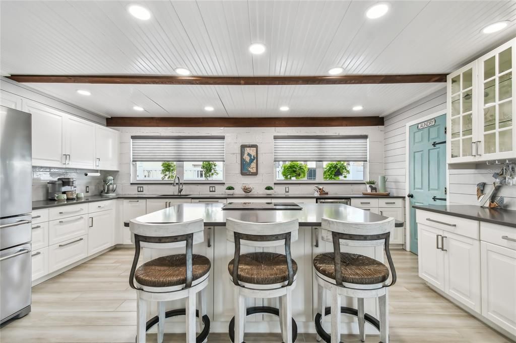 Interior, Kitchen, Recessed Lighting, Stainless Steel Appliances, Wooden Beams, Wood Texture Flooring