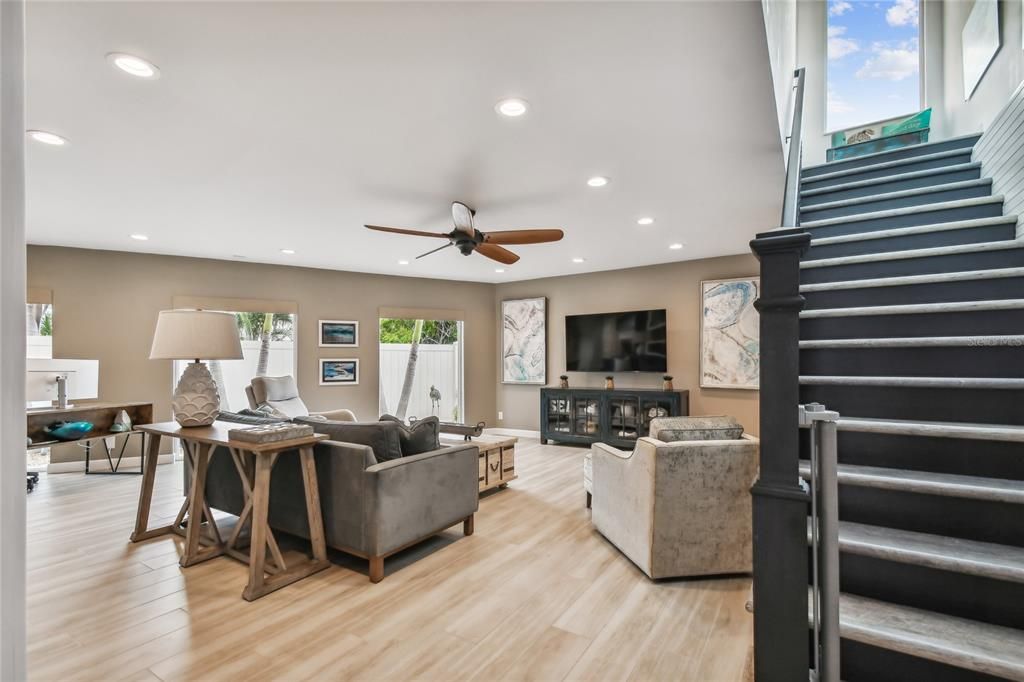 Fireplace, Interior, Living room, Recessed Lighting, Wood Texture Flooring