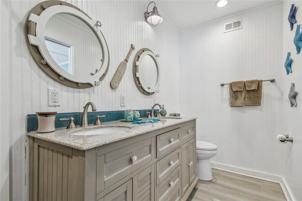 Bathroom, Dual Sink Vanities, Interior, Recessed Lighting, Wood Texture Flooring