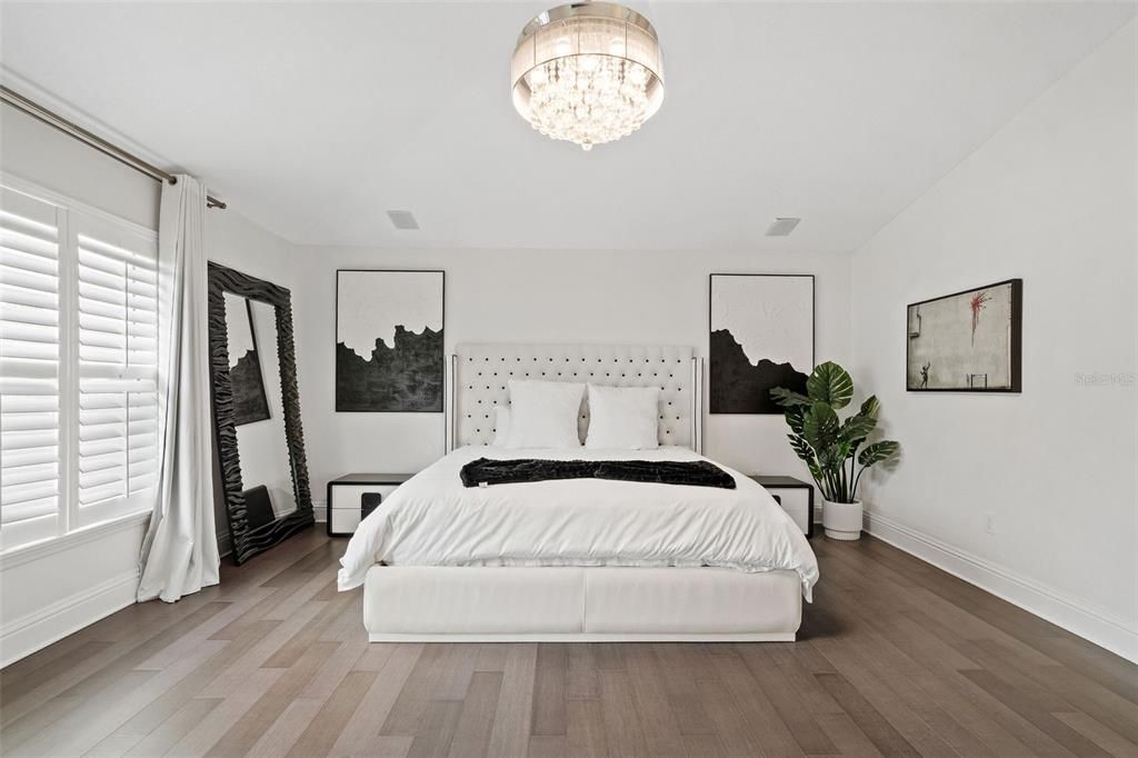 Bedroom, Chandelier, Interior, Wood Texture Flooring