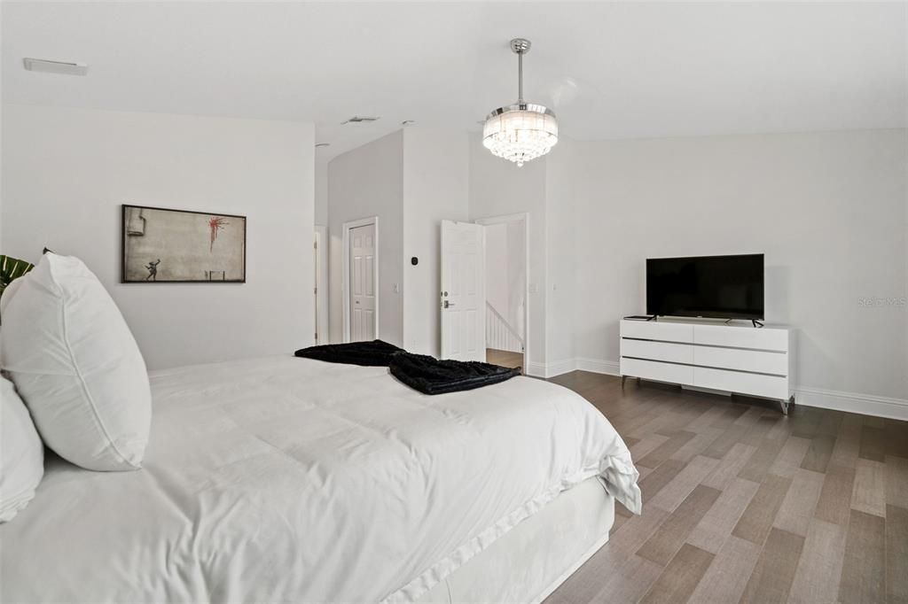 Bedroom, Chandelier, Interior, Wood Texture Flooring