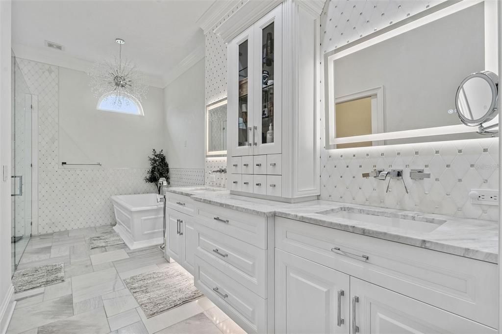 Bathroom, Dual Sink Vanities, Interior, Marble, Pendant Lights
