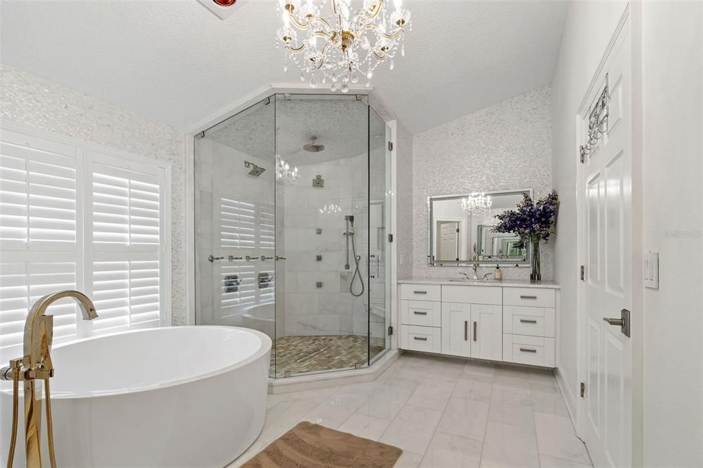 Bathroom, Chandelier, Dual Sink Vanities, Free Standing Baths, Glass Shower, Interior