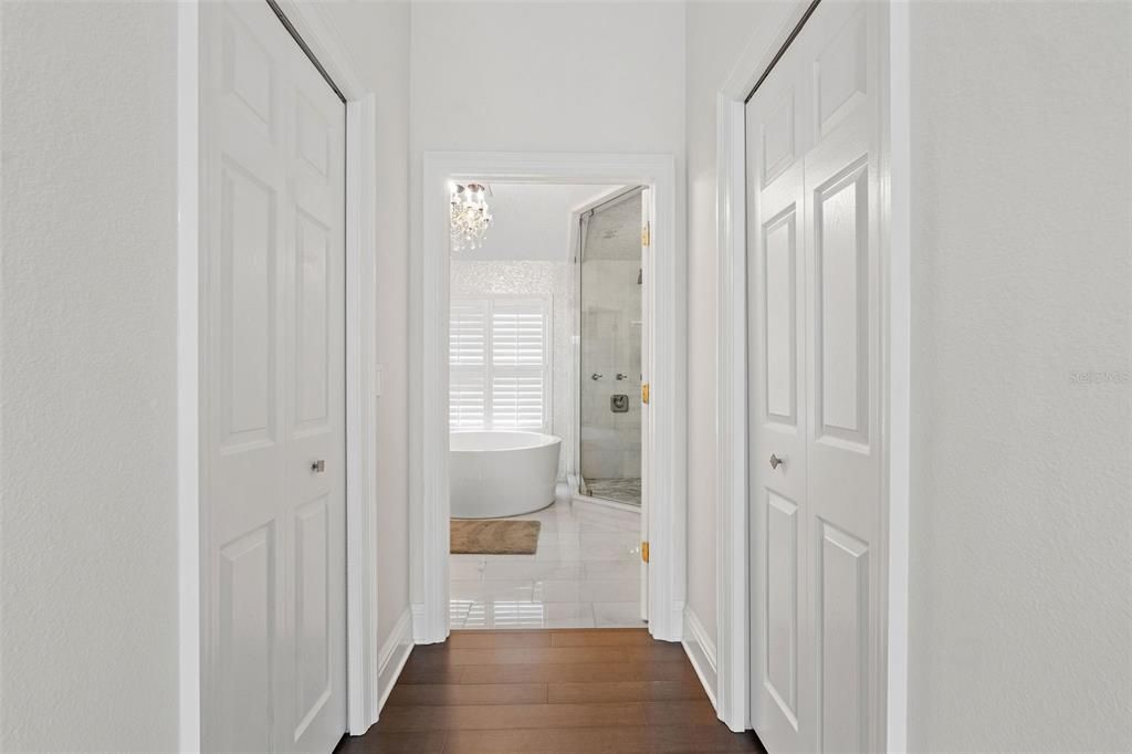 Bathroom, Free Standing Baths, Glass Shower, Interior, Wood Texture Flooring