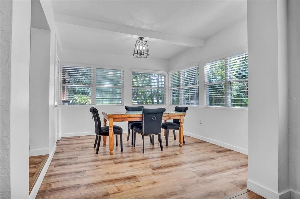 Dining room, Interior, Pendant Lights, Wood Texture Flooring