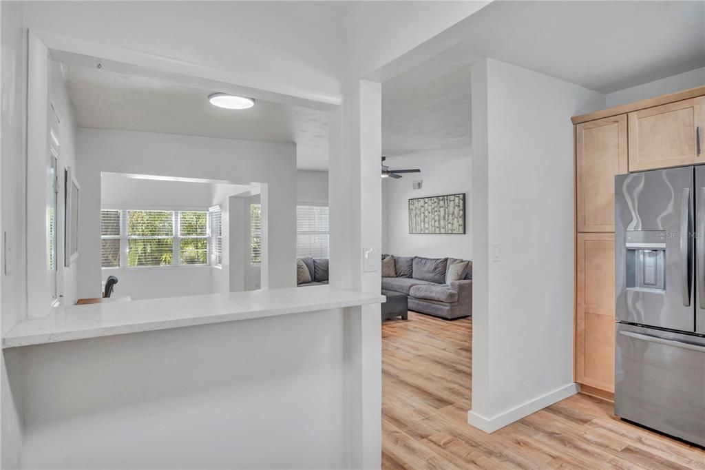 Interior, Kitchen, Living room, Recessed Lighting, Wood Texture Flooring