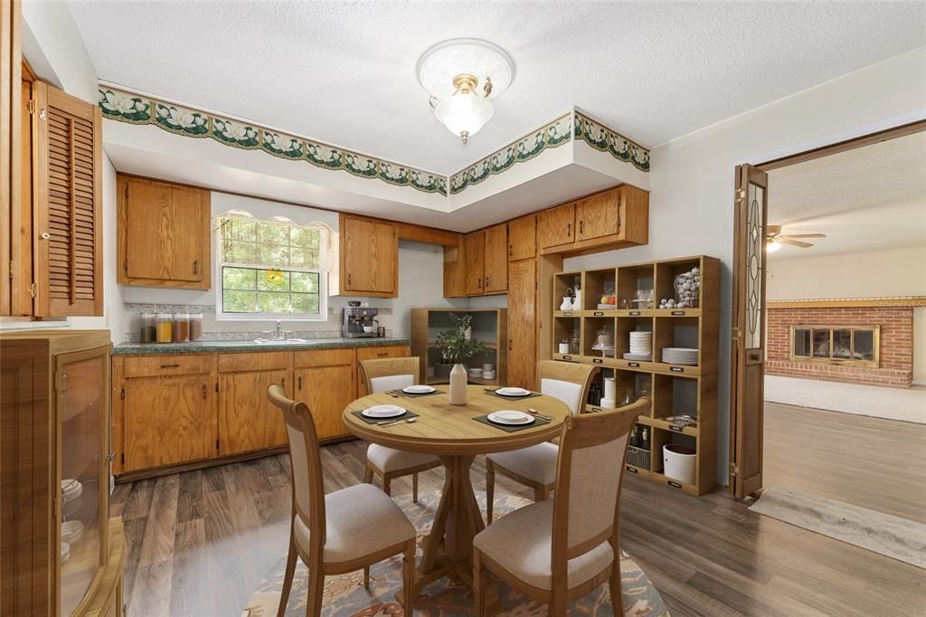 Dining room, Fireplace, Interior, Kitchen, Wood Texture Flooring