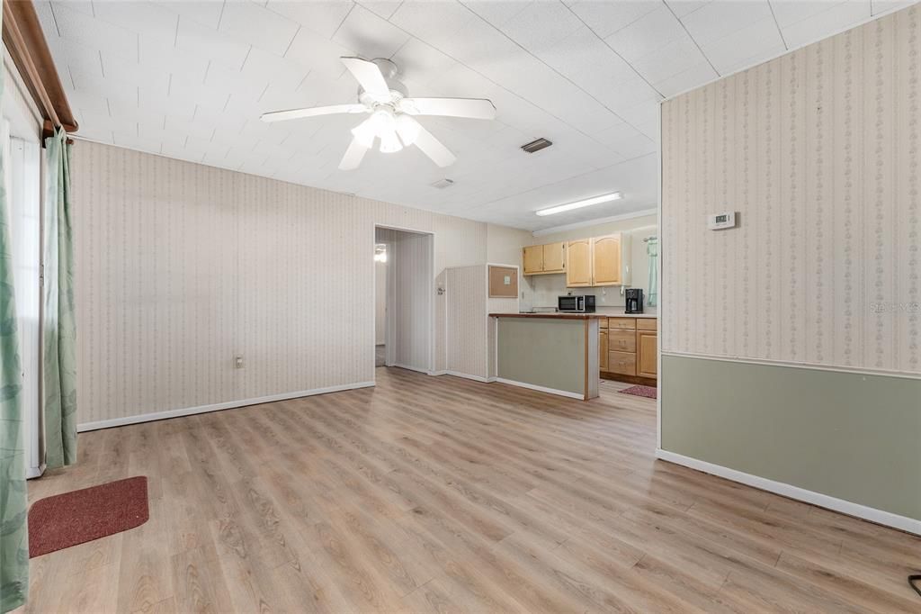 Empty room, Interior, Kitchen, Recessed Lighting, Wood Texture Flooring