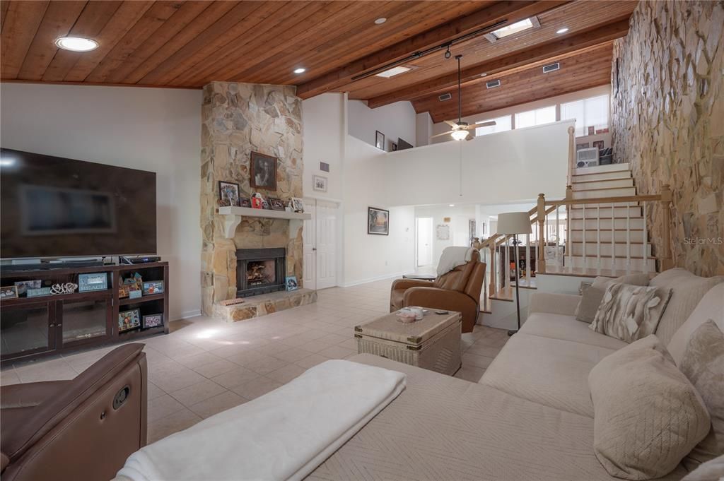 Fireplace, Interior, Living room, Recessed Lighting, Stone Walls, Wooden Beams, Wooden Ceilings