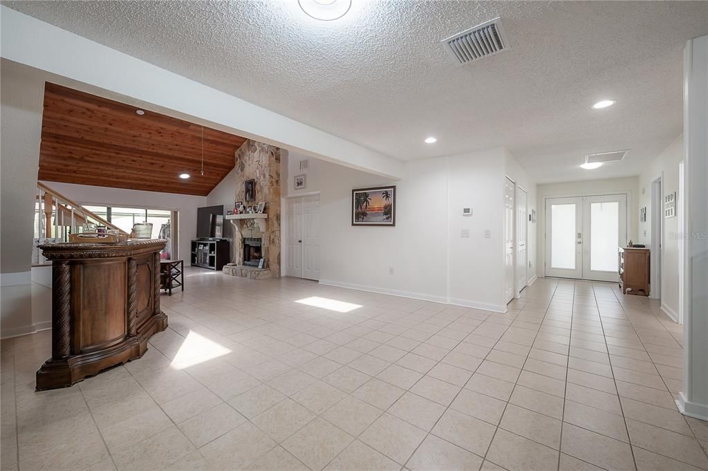 Fireplace, Interior, Recessed Lighting, Wooden Ceilings