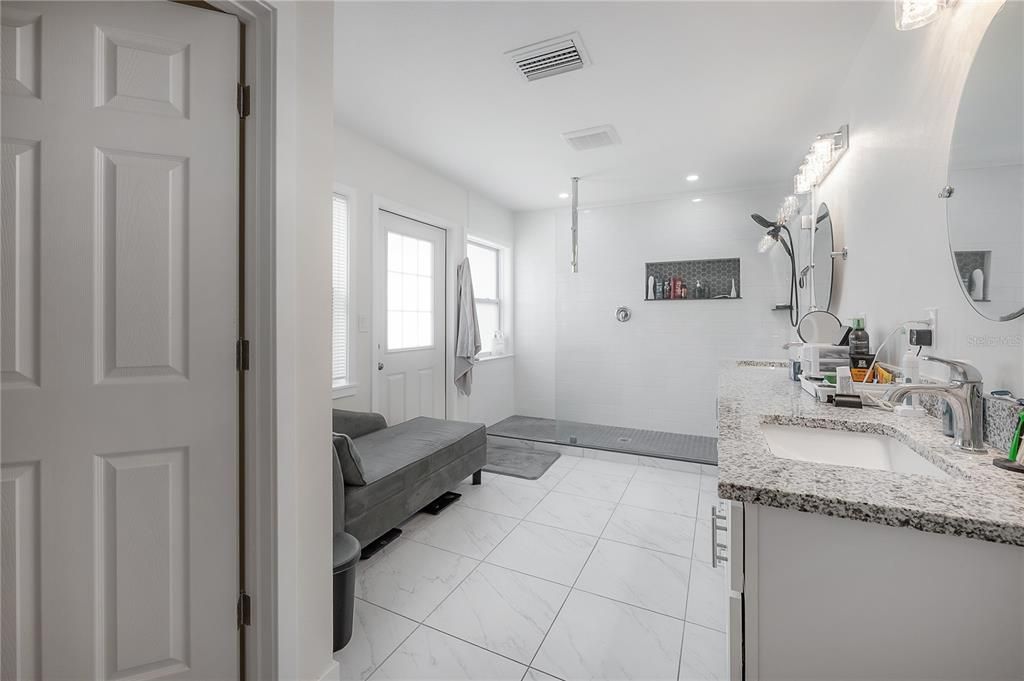 Bathroom, Dual Sink Vanities, Glass Shower, Interior, Marble, Recessed Lighting