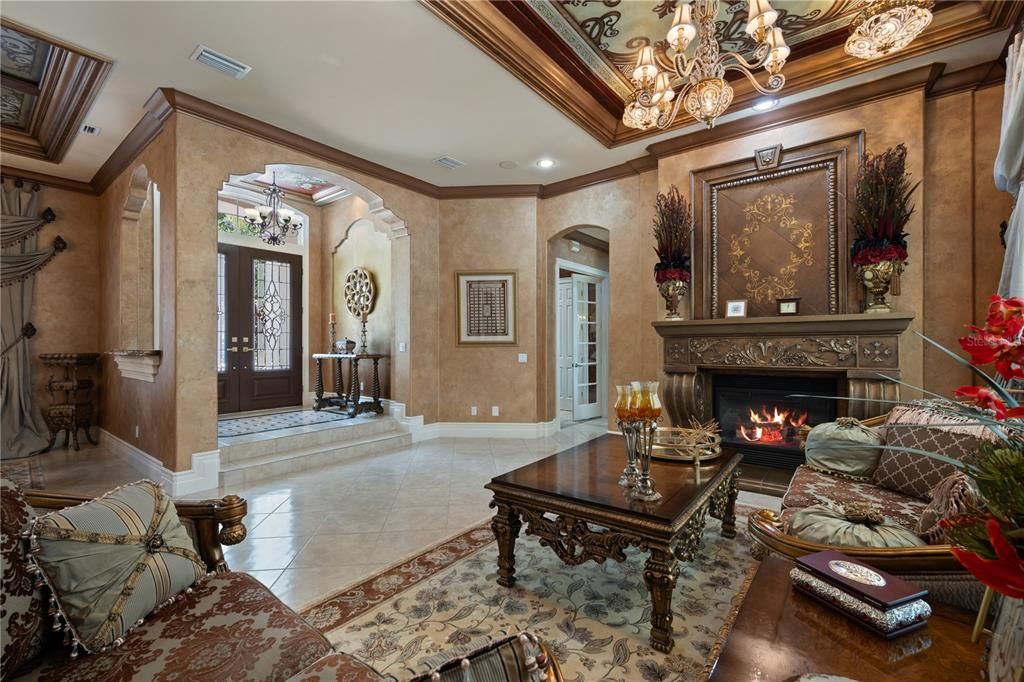 Chandelier, Fireplace, Interior, Living room, Recessed Lighting