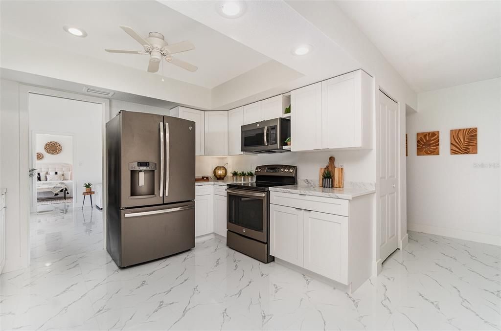 Interior, Kitchen, Marble, Recessed Lighting, Stainless Steel Appliances