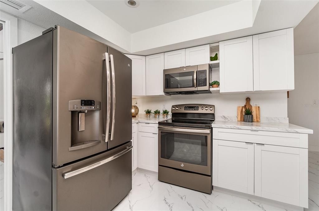 Interior, Kitchen, Marble, Recessed Lighting, Stainless Steel Appliances