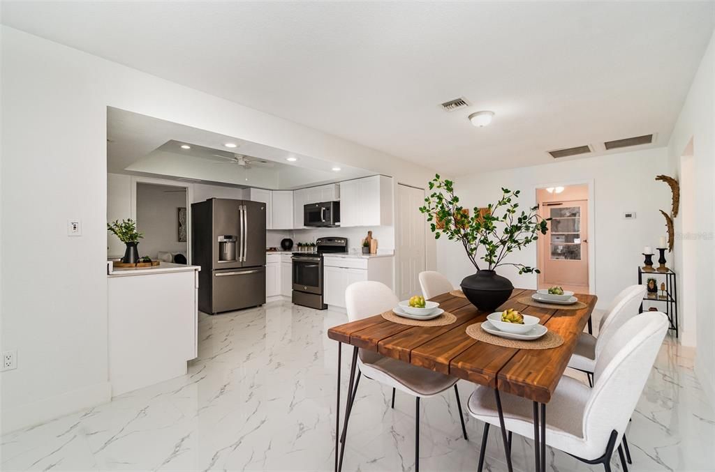 Dining room, Interior, Kitchen, Marble, Recessed Lighting, Stainless Steel Appliances