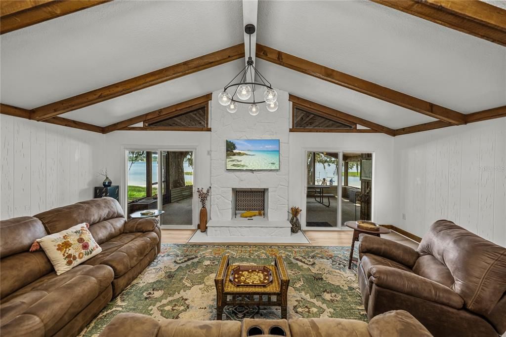 Fireplace, Interior, Living room, Pendant Lights, Wooden Beams, Wood Texture Flooring