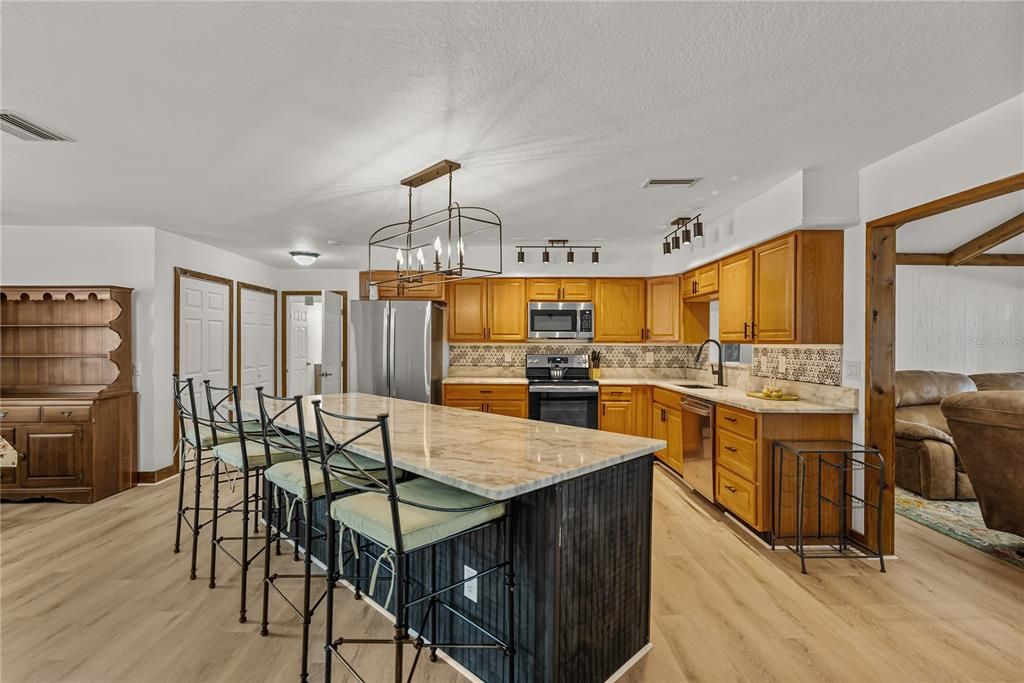 Interior, Kitchen, Pendant Lights, Stainless Steel Appliances, Wood Texture Flooring