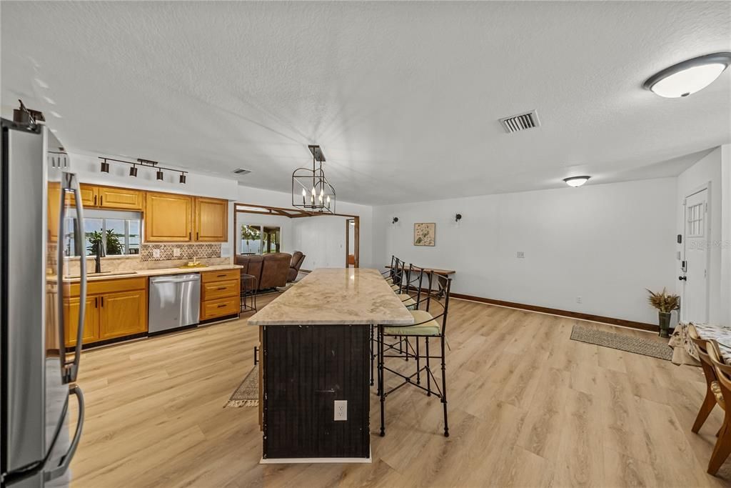 Dining room, Interior, Kitchen, Pendant Lights, Wood Texture Flooring