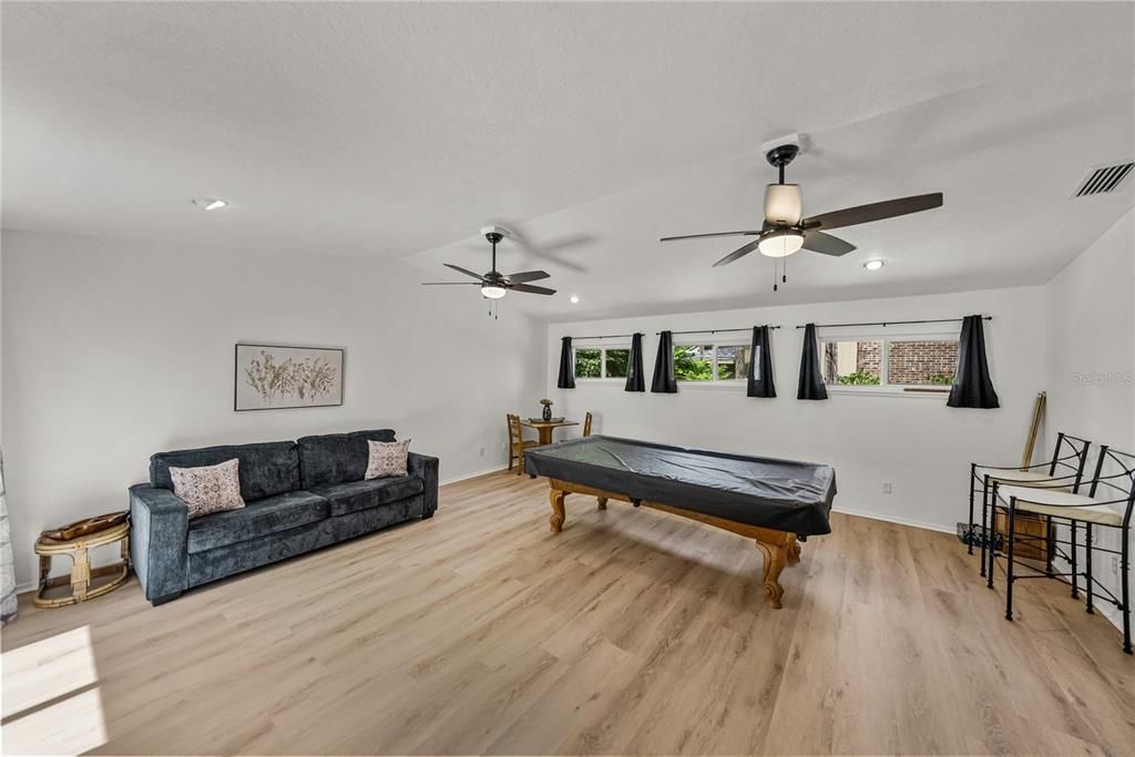 Billiard Table, Game Room, Interior, Recessed Lighting, Wood Texture Flooring