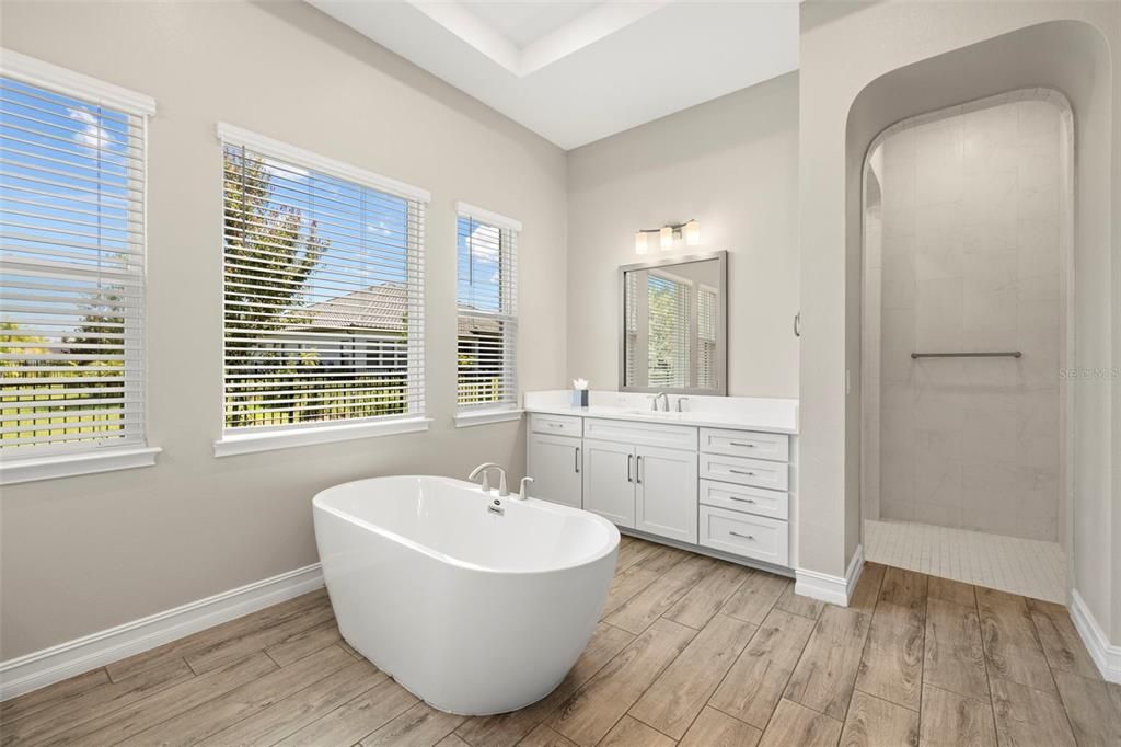 Bathroom, Dual Sink Vanities, Free Standing Baths, Interior, Wood Texture Flooring