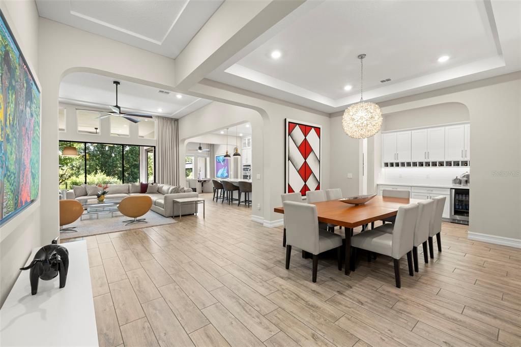 Chandelier, Dining room, Interior, Kitchen, Living room, Pendant Lights, Recessed Lighting, Wood Texture Flooring