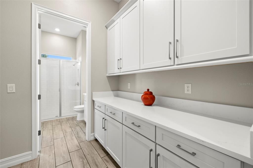 Bathroom, Glass Shower, Interior, Recessed Lighting, Wood Texture Flooring