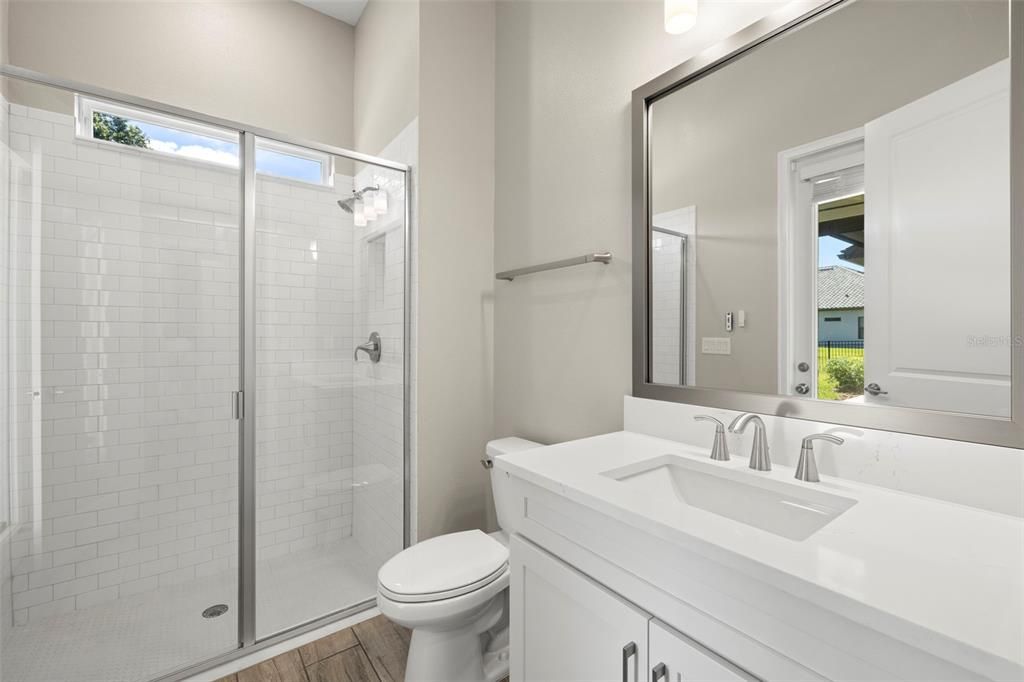 Bathroom, Glass Shower, Interior, Wood Texture Flooring