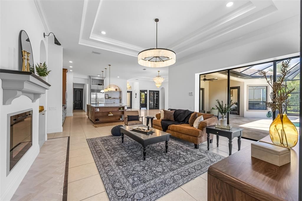 Fireplace, Interior, Kitchen, Living room, Pendant Lights, Recessed Lighting