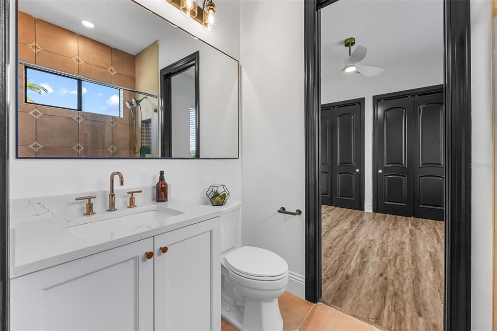 Bathroom, Interior, Recessed Lighting, Wood Texture Flooring