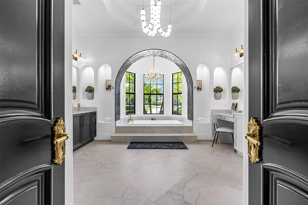Bathroom, Chandelier, Interior, Marble, Pendant Lights