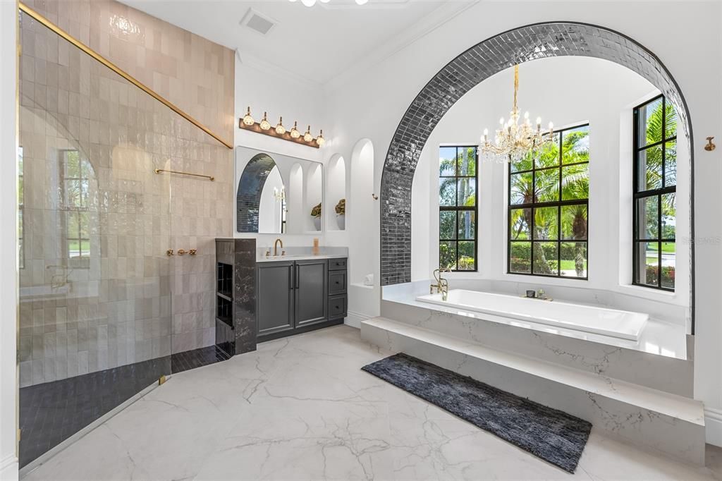 Bathroom, Chandelier, Dual Sink Vanities, Glass Shower, Interior, Marble
