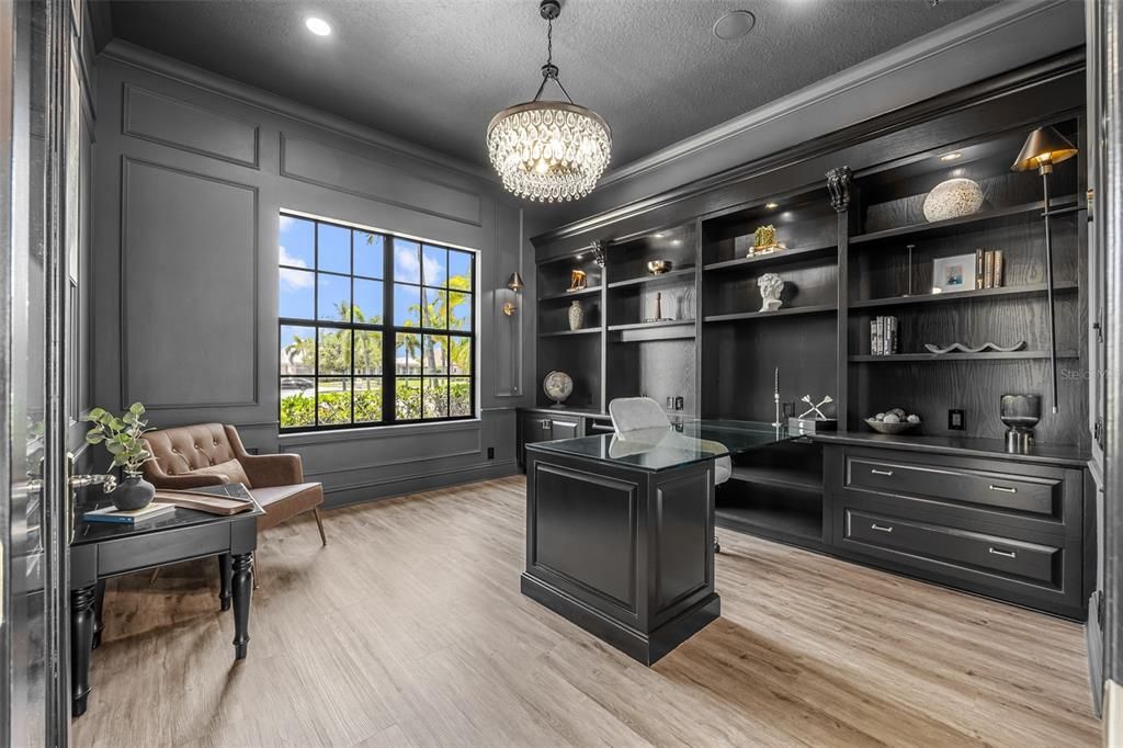 Chandelier, Home Office, Interior, Recessed Lighting, Wood Texture Flooring