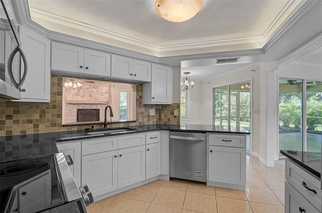 Chandelier, Interior, Kitchen, Stainless Steel Appliances, Stone Walls