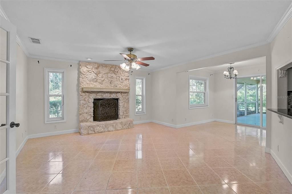 Chandelier, Empty room, Fireplace, Interior