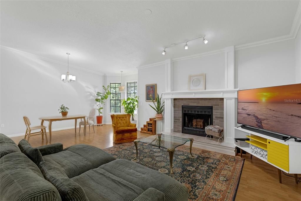 Dining room, Fireplace, Interior, Living room, Pendant Lights, Wood Texture Flooring