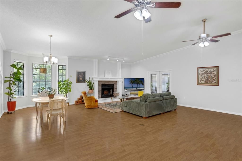 Dining room, Fireplace, Interior, Living room, Pendant Lights, Wood Texture Flooring