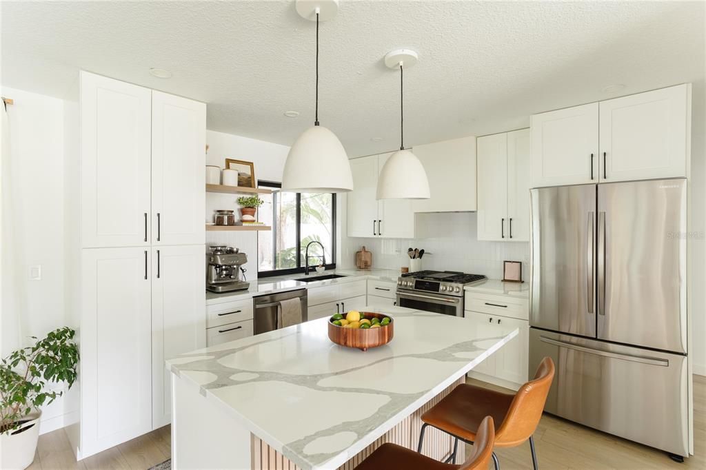 Interior, Kitchen, Pendant Lights, Stainless Steel Appliances, Wood Texture Flooring