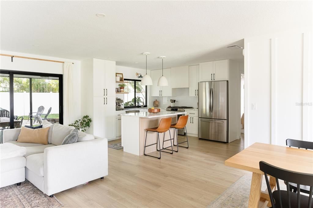 Interior, Kitchen, Living room, Pendant Lights, Recessed Lighting, Stainless Steel Appliances, Wood Texture Flooring