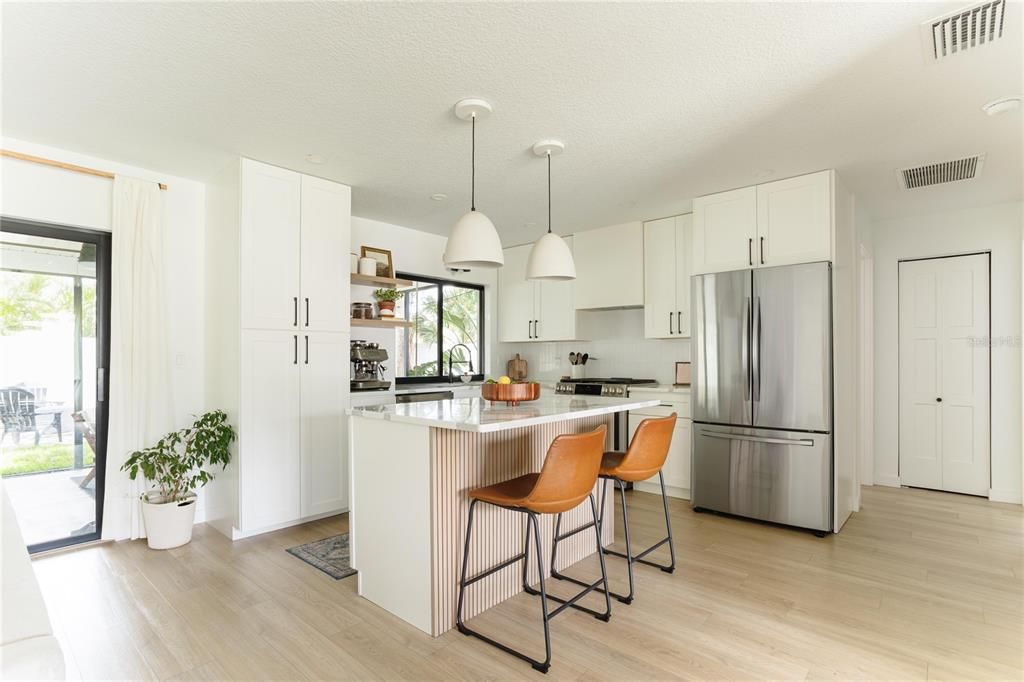 Interior, Kitchen, Pendant Lights, Stainless Steel Appliances, Wood Texture Flooring