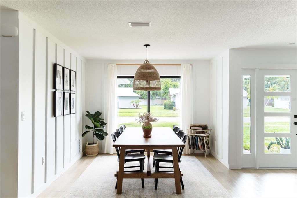 Dining room, Interior, Pendant Lights, Wood Texture Flooring