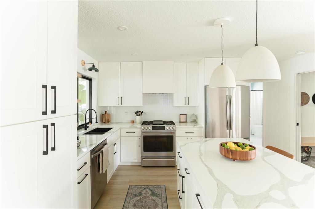 Interior, Kitchen, Pendant Lights, Recessed Lighting, Stainless Steel Appliances, Wood Texture Flooring