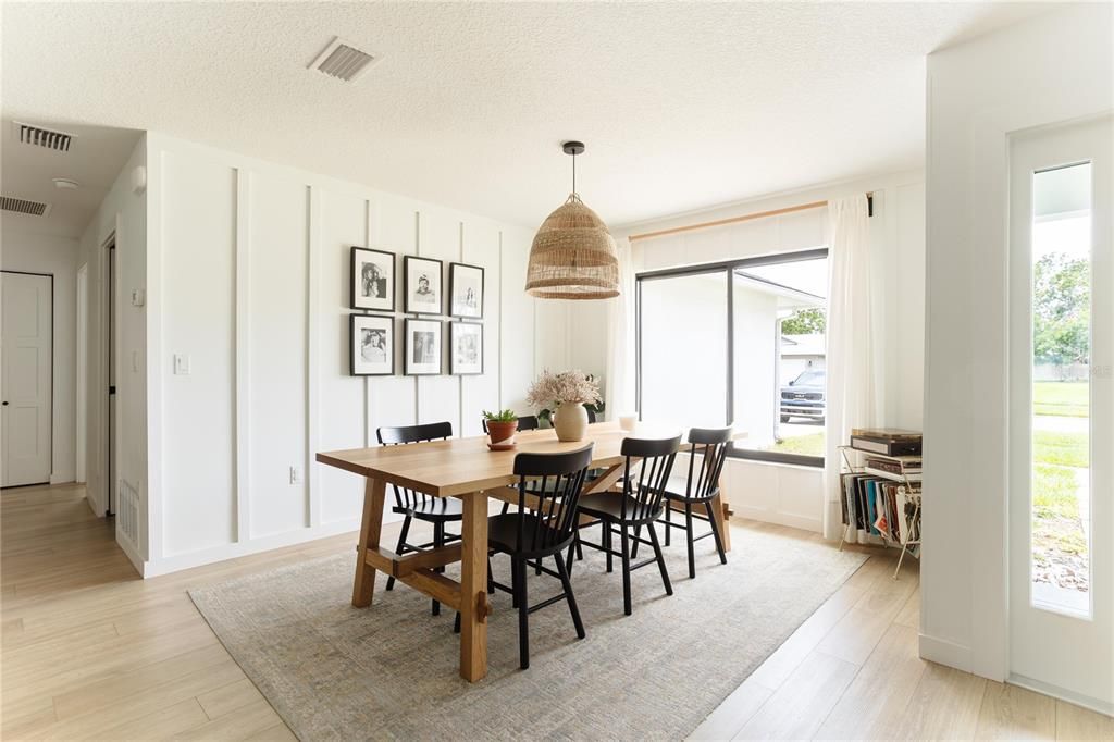 Dining room, Interior, Pendant Lights, Wood Texture Flooring