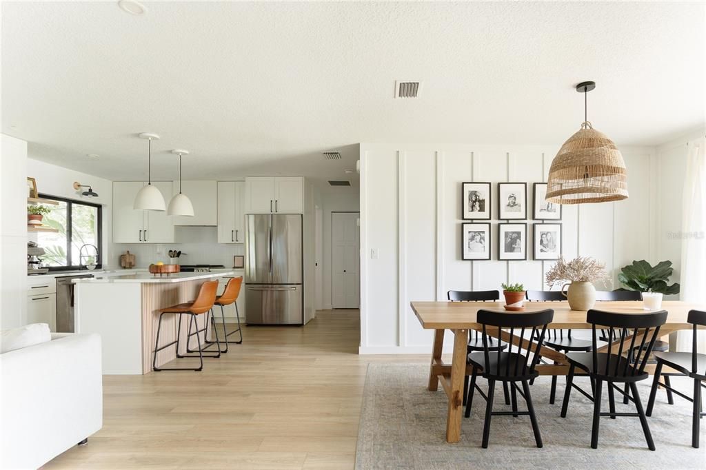 Dining room, Interior, Kitchen, Pendant Lights, Stainless Steel Appliances, Wood Texture Flooring