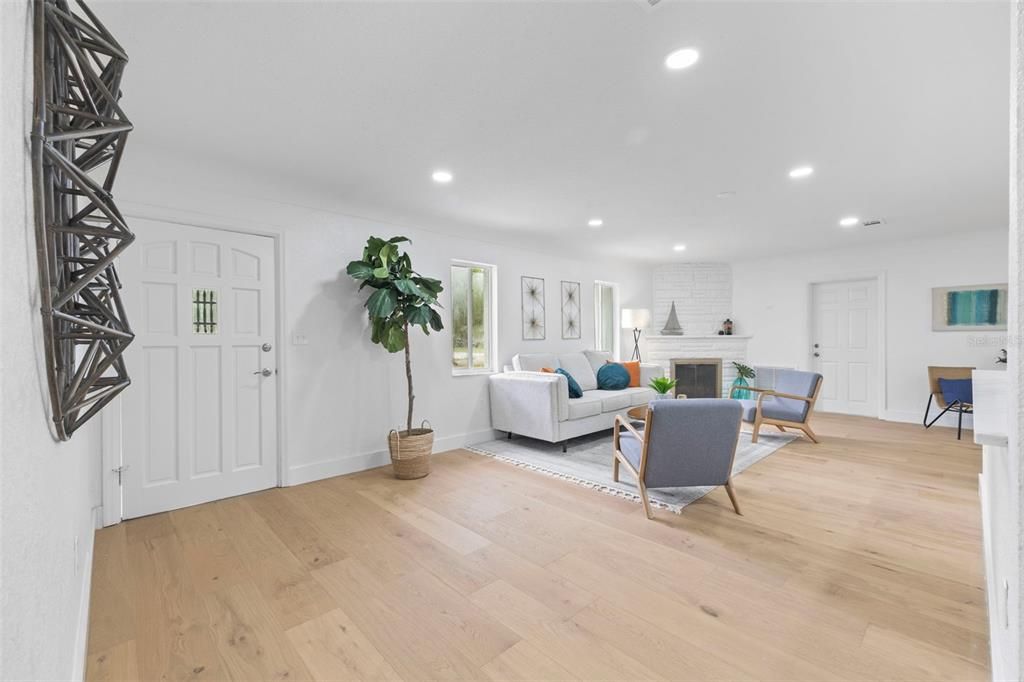 Fireplace, Interior, Living room, Recessed Lighting, Wood Texture Flooring