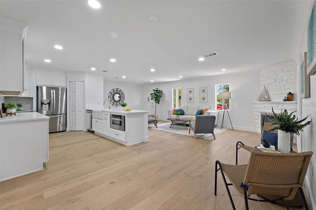 Interior, Kitchen, Living room, Recessed Lighting, Stainless Steel Appliances, Wood Texture Flooring