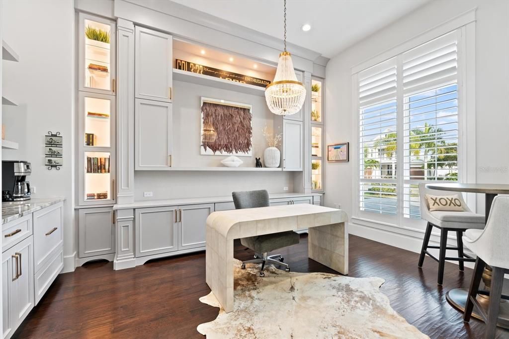 Chandelier, Home Office, Interior, Pendant Lights, Recessed Lighting, Wood Texture Flooring