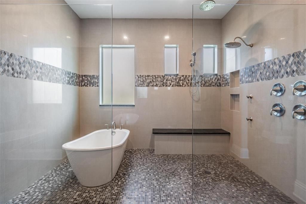 Bathroom, Free Standing Baths, Glass Shower, Interior, Recessed Lighting
