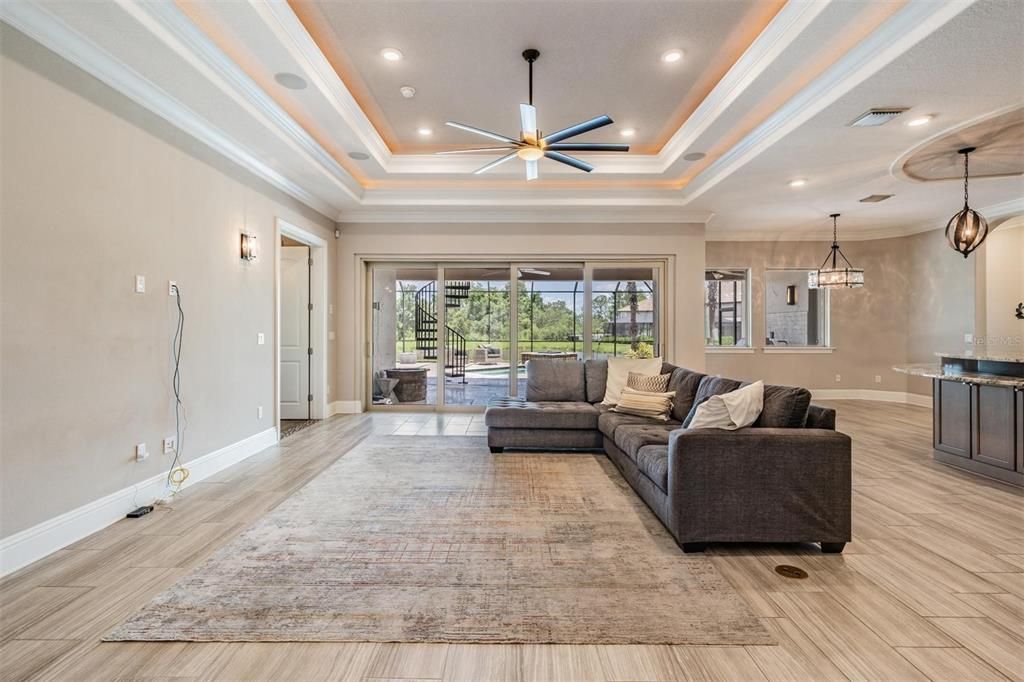 Interior, Living room, Pendant Lights, Recessed Lighting, Wood Texture Flooring