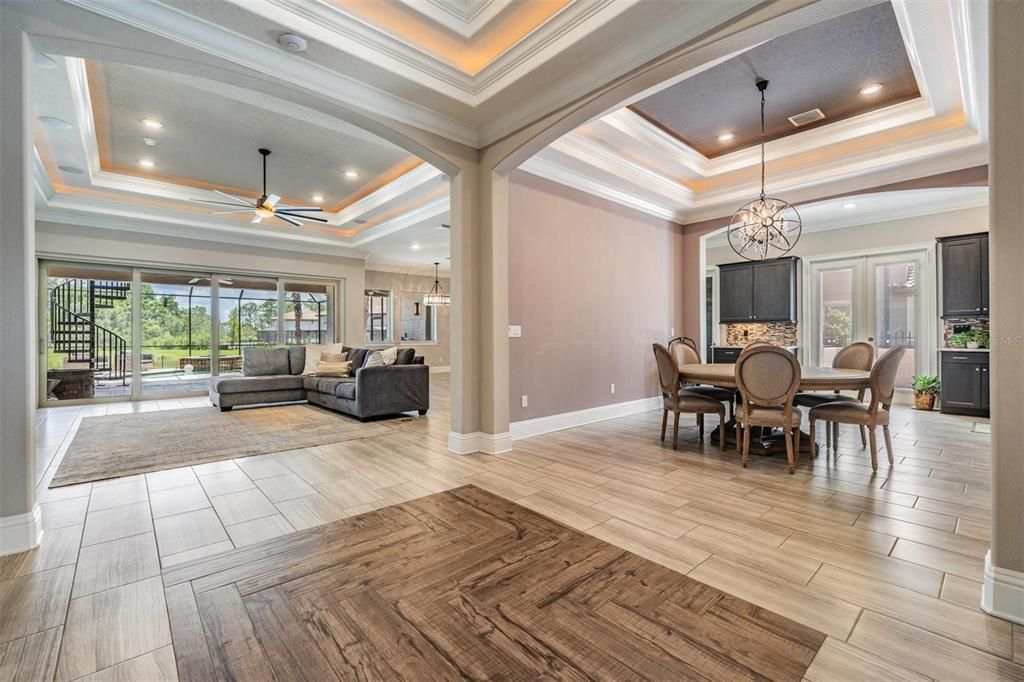 Chandelier, Dining room, Interior, Living room, Pendant Lights, Recessed Lighting, Wood Texture Flooring
